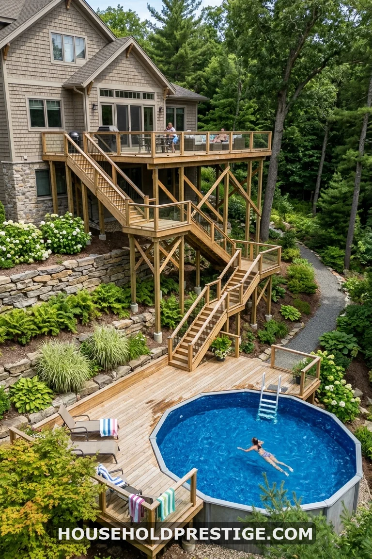 above ground pool with deck off house