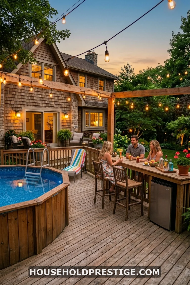 above ground pool with deck off house