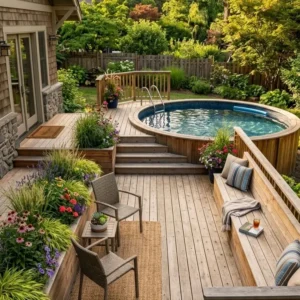 above ground pool with deck off house