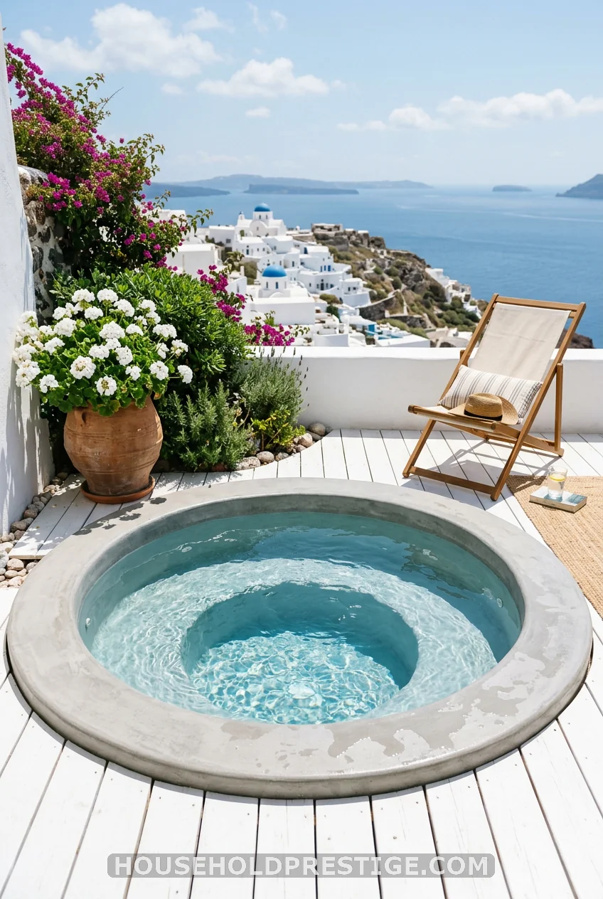 The Round Concrete Pool with White Wood Deck