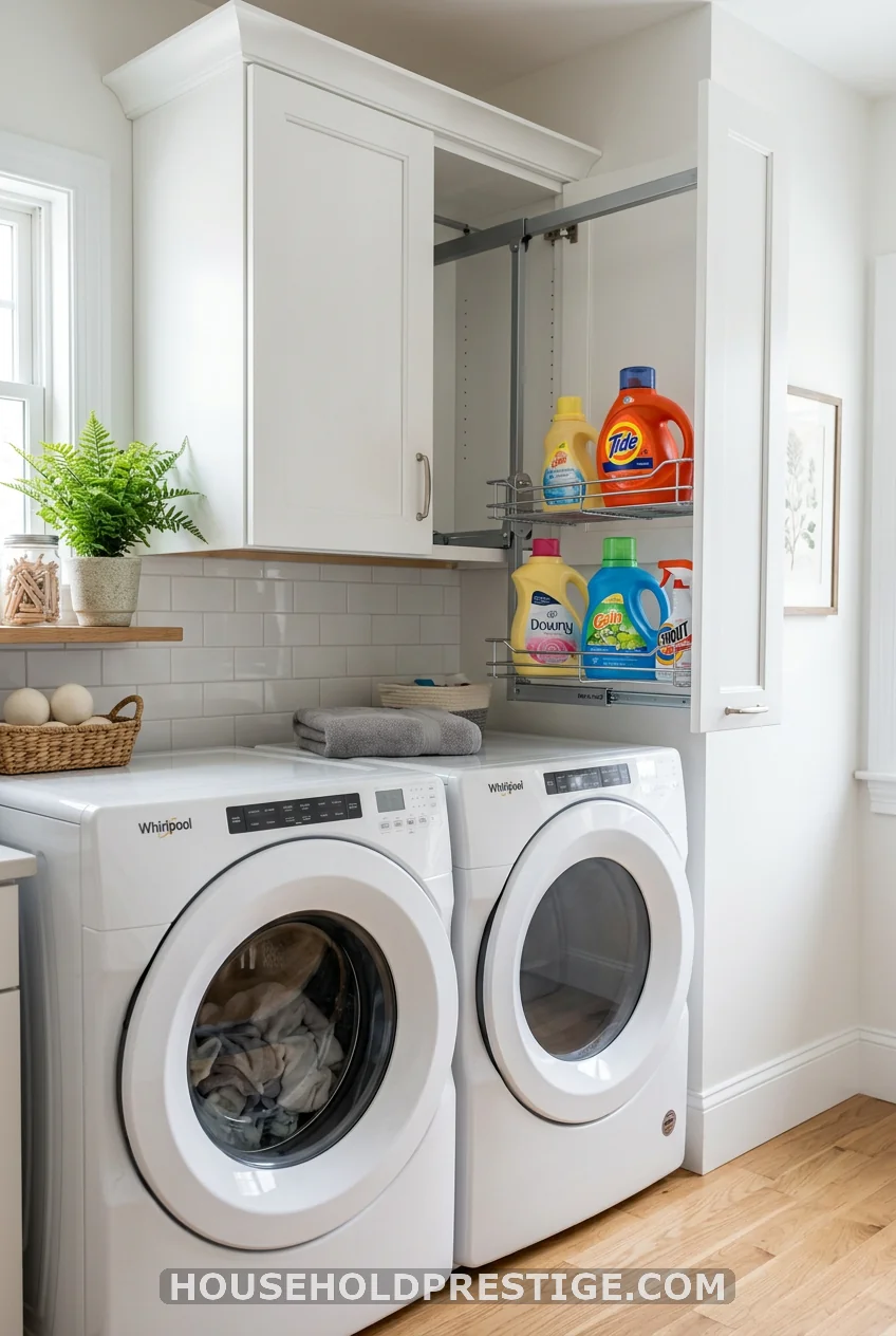 Upper Cabinets Above the Washer and Dryer with a Pull-Down Shelf
