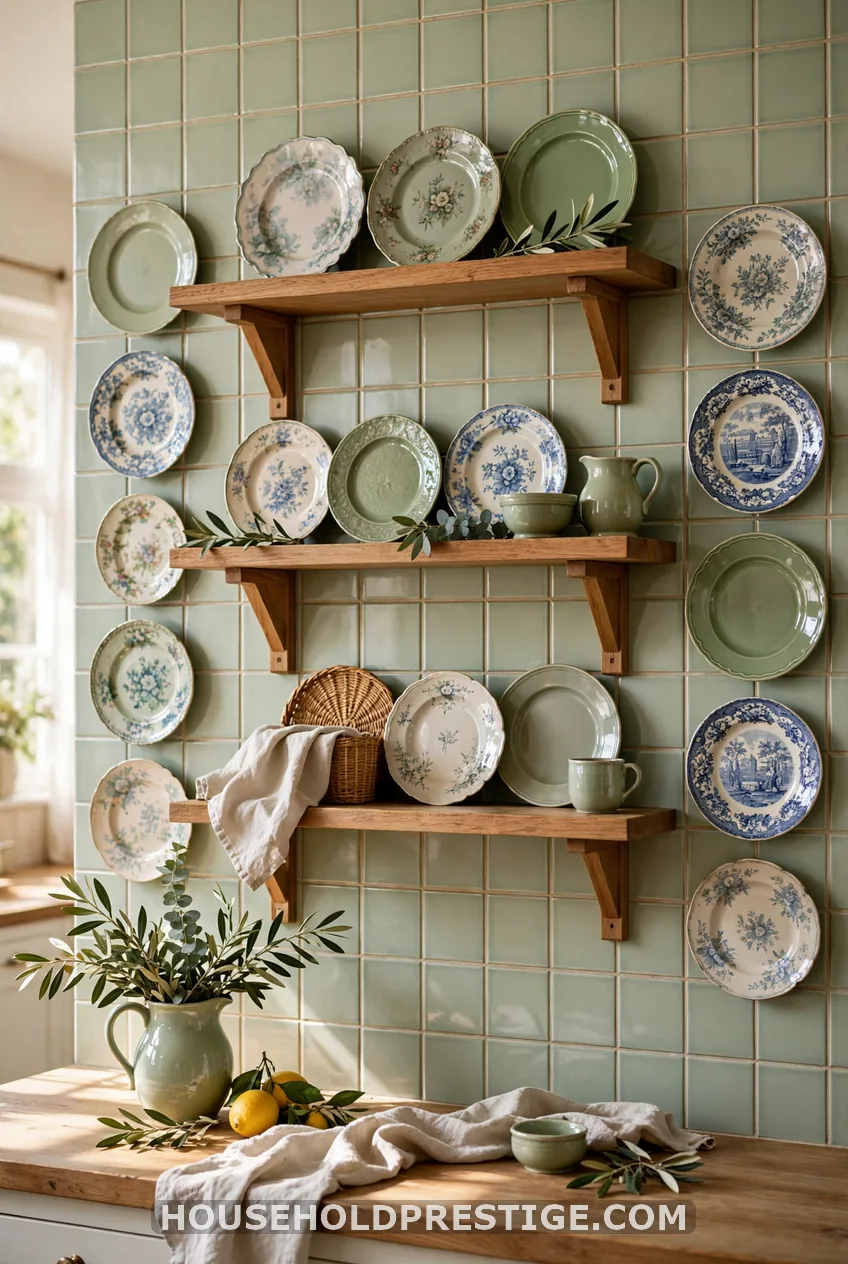 Kitchen Vintage Plate Wall Around Open Shelving